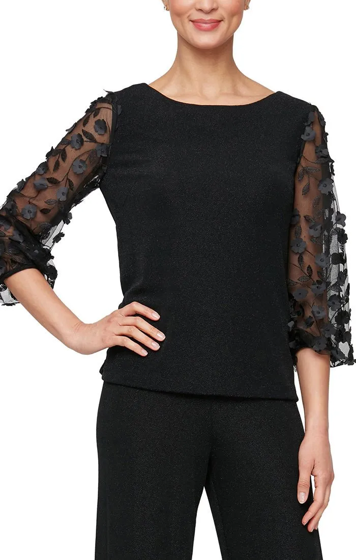 Regular - 3/4 Sleeve Metallic Knit Blouse with 3-D Flower Illusion Sleeves sold by Alex Evenings