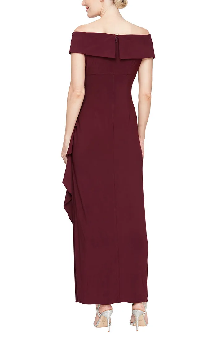Long Off-the-Shoulder Matte Jersey Dress with Foldover Cuff, Embellishment Detail at Hip and Cascade Ruffle Skirt sold by Alex Evenings product image thumbnail 2