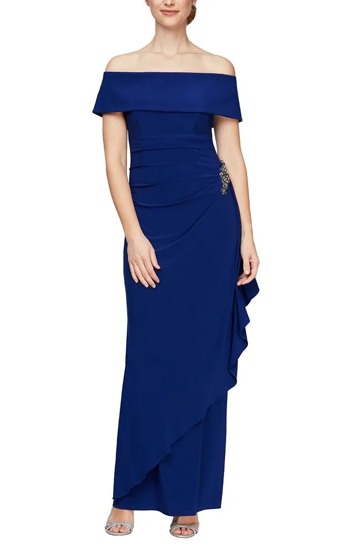 Long Off-the-Shoulder Matte Jersey Dress with Foldover Cuff, Embellishment Detail at Hip and Cascade Ruffle Skirt sold by Alex Evenings product image thumbnail 5