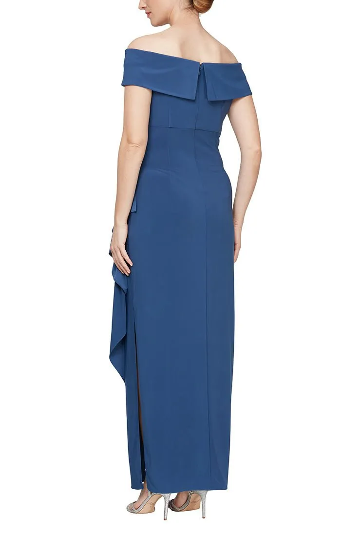 Long Off-the-Shoulder Matte Jersey Dress with Foldover Cuff, Embellishment Detail at Hip and Cascade Ruffle Skirt sold by Alex Evenings product image thumbnail 4