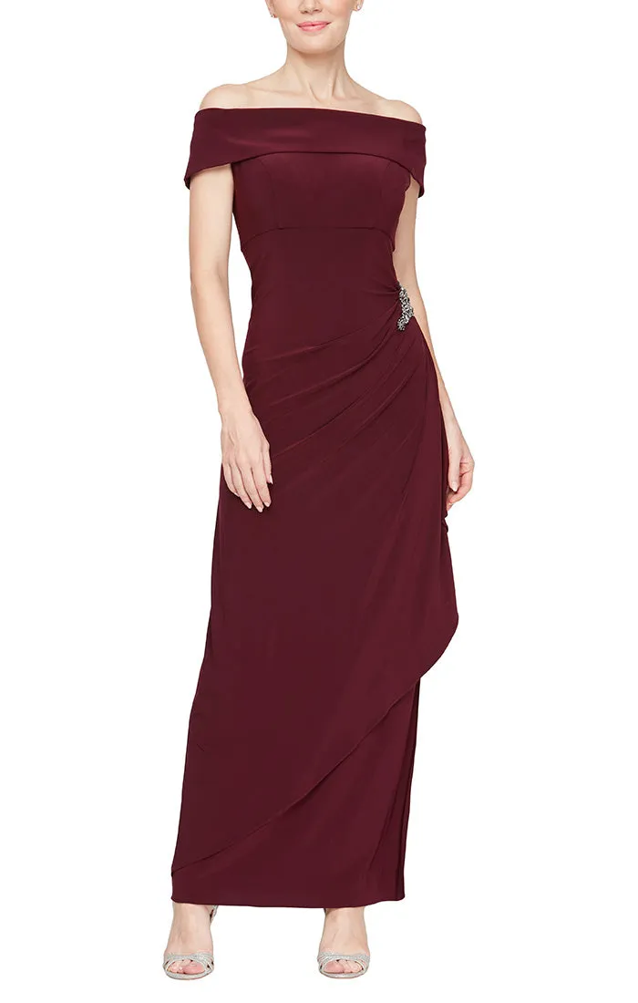 Long Off-the-Shoulder Matte Jersey Dress with Foldover Cuff, Embellishment Detail at Hip and Cascade Ruffle Skirt sold by Alex Evenings