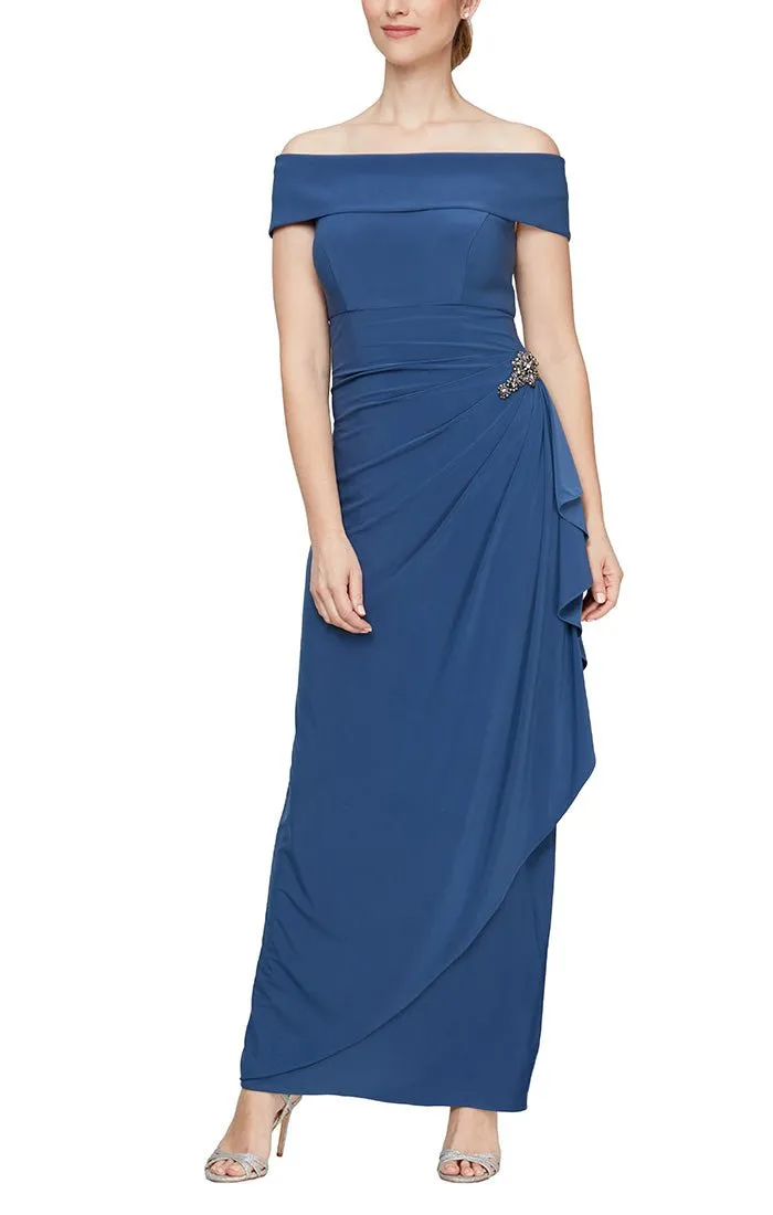 Long Off-the-Shoulder Matte Jersey Dress with Foldover Cuff, Embellishment Detail at Hip and Cascade Ruffle Skirt sold by Alex Evenings product image thumbnail 3