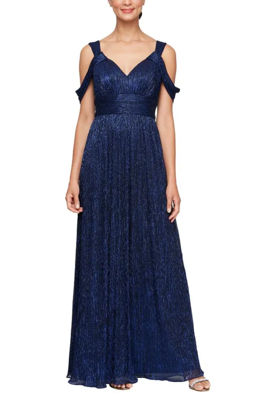 Petite - Metallic Knit Cold Shoulder Gown with Ruched Waist sold by Alex Evenings