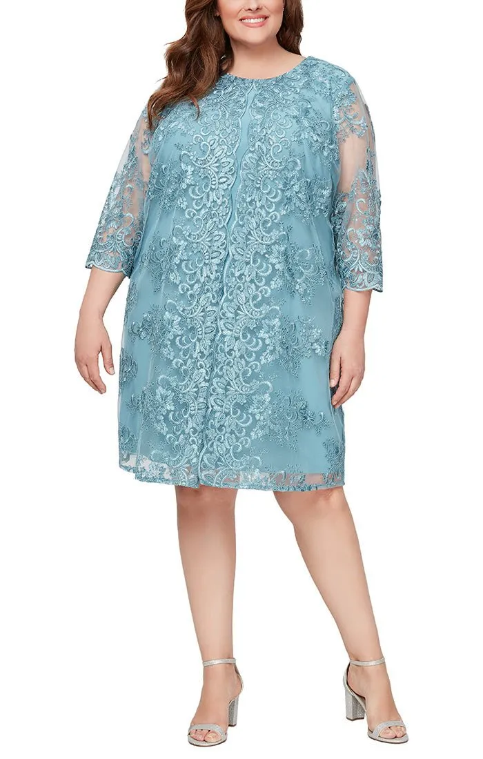 Plus - Midi Embroidered Mock Jacket Dress with Attached Jacket & Illusion Sleeves sold by Alex Evenings