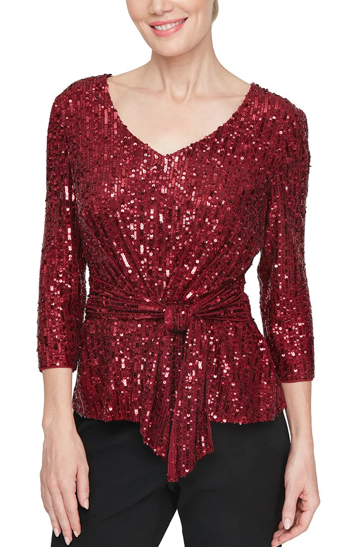 Regular - 3/4 Sleeve V-Neck Sequin Blouse with Tie Waist Detail sold by Alex Evenings