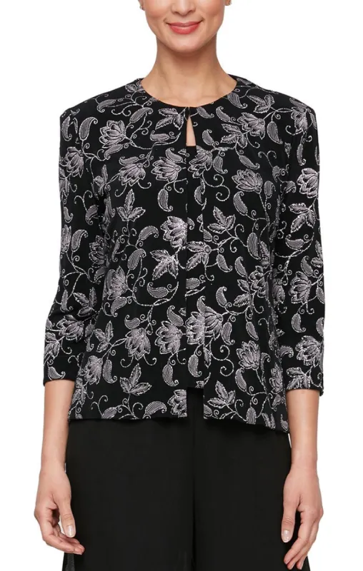 Petite - 3/4 Sleeve Printed Glitter Twinset with Scoop Neck Tank & Hook Neck Closure Jacket sold by Alex Evenings