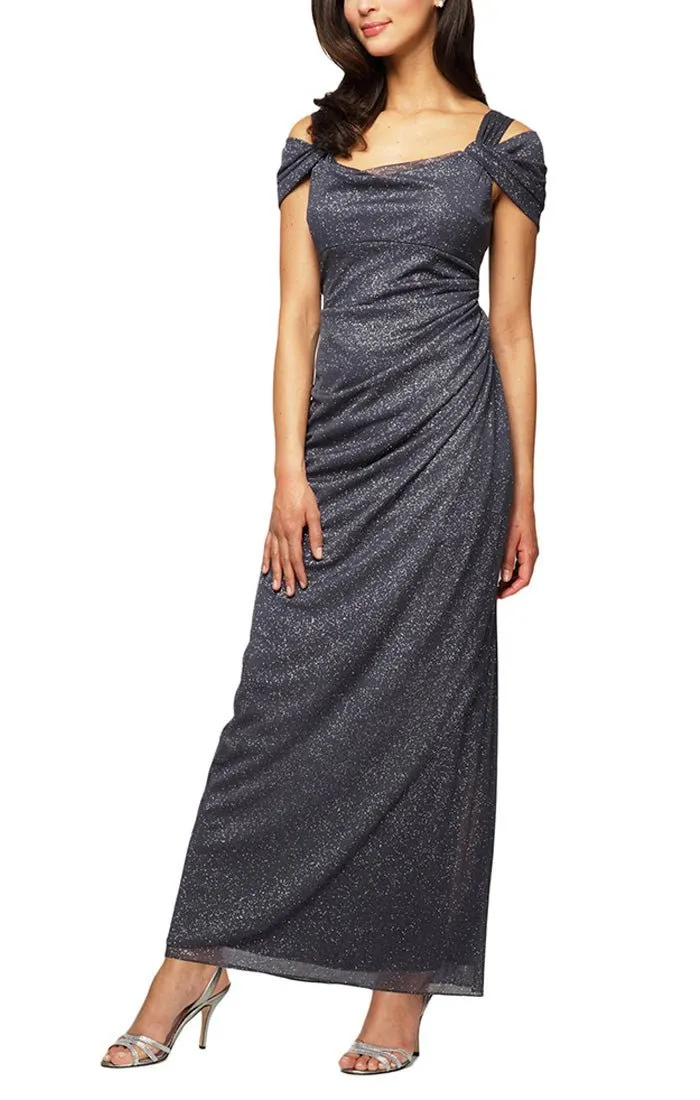 Cold Shoulder Glitter Mesh Dress with Draped Skirt & Cowl Neckline sold by Alex Evenings