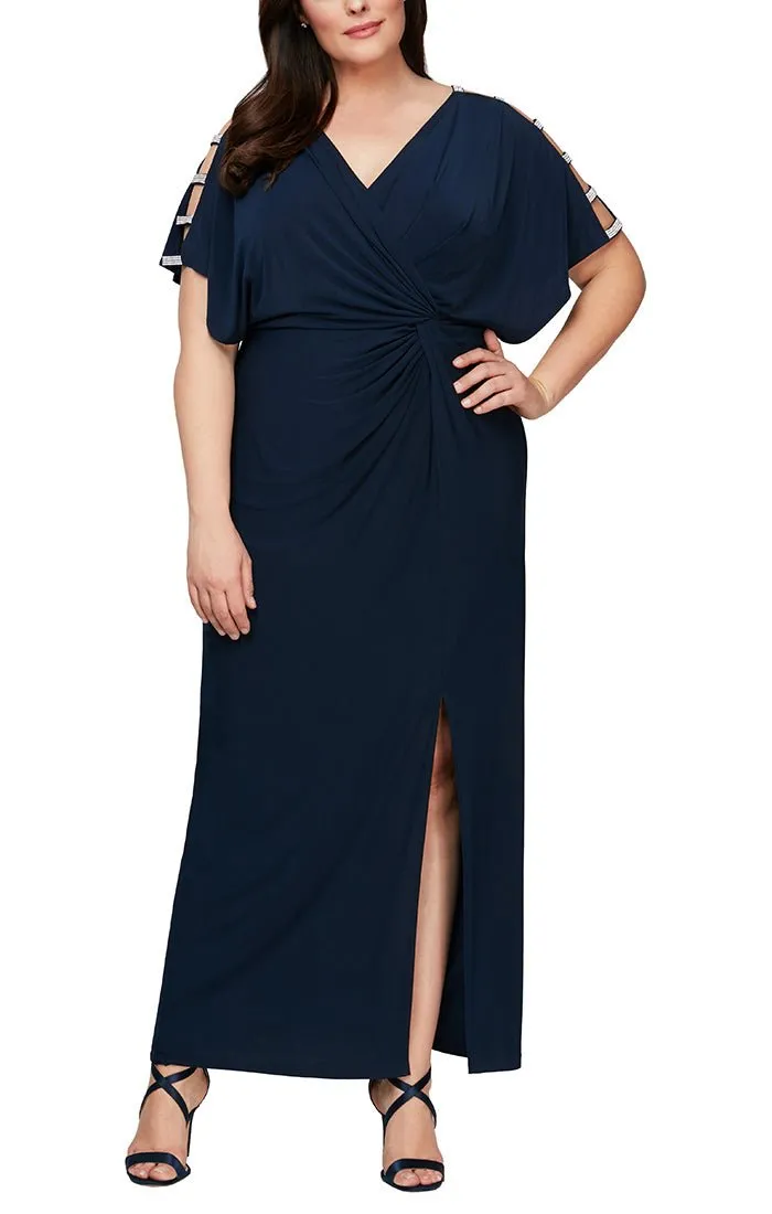 Plus Knot Front Dress with Front Slit and Embellishment at Shoulder sold by Alex Evenings