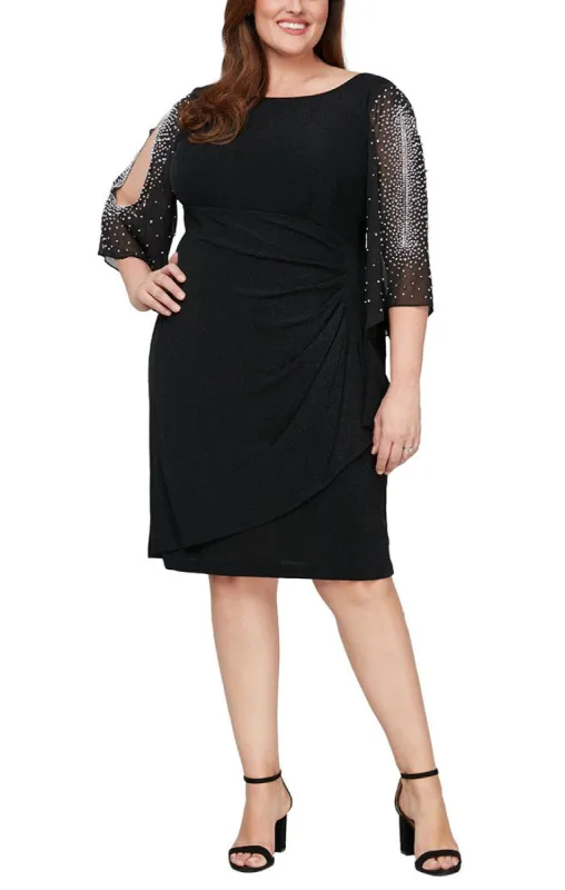 Plus Metallic Knit Party Dress with Embellished Illusion Sleeves & Cascade Ruffle Skirt sold by Alex Evenings