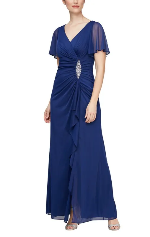 Long Surplice Neckline Mesh Gown with Flutter Sleeves, Embellishment at Hip and Cascade Skirt Detail sold by Alex Evenings