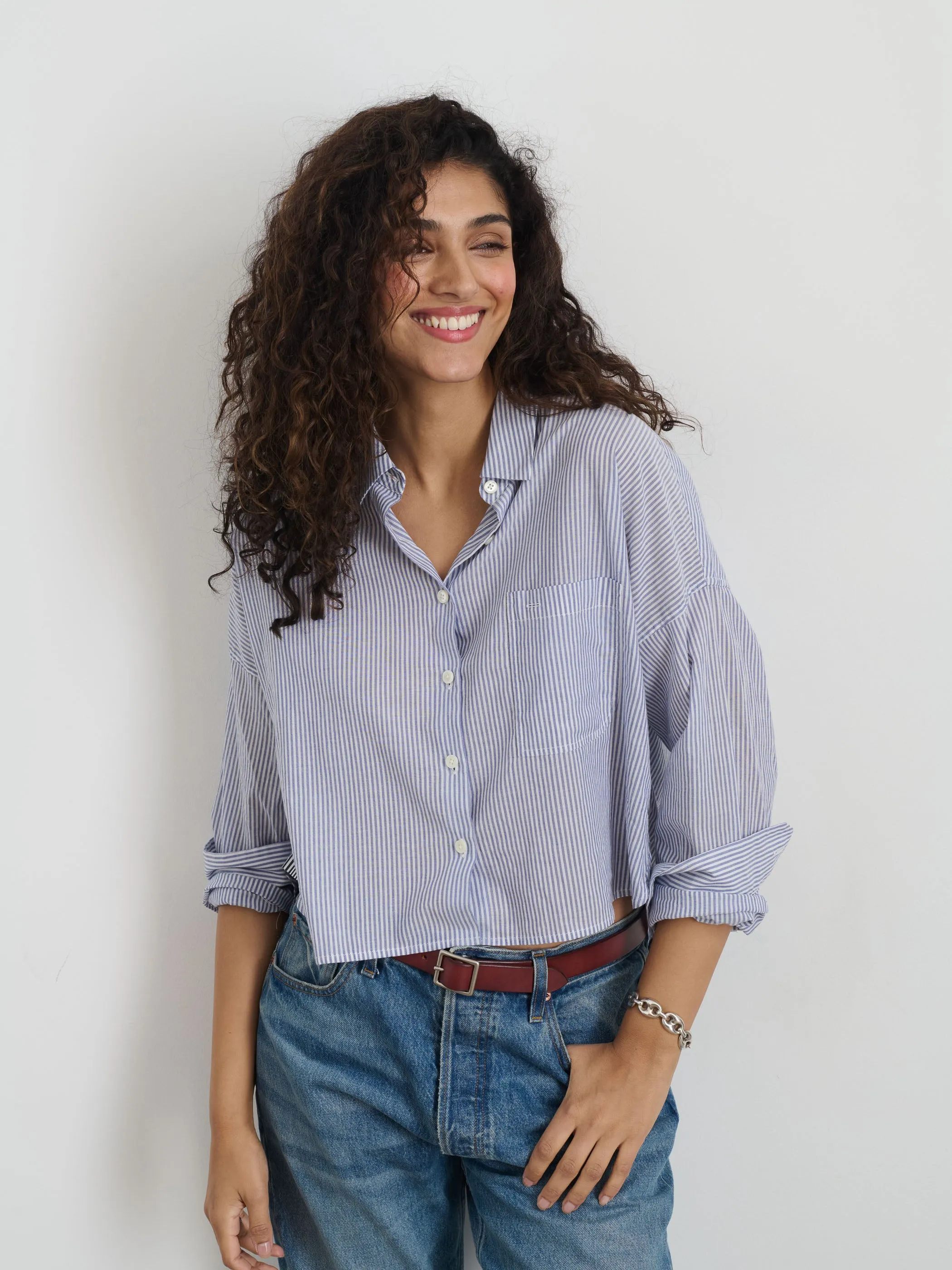 Cropped Jo Shirt in Striped Cotton Voile sold by Alex Mill product image thumbnail 2
