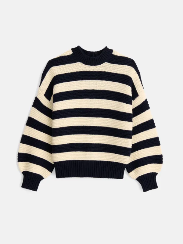 Button-Back Crewneck Sweater in Bold Stripe sold by Alex Mill