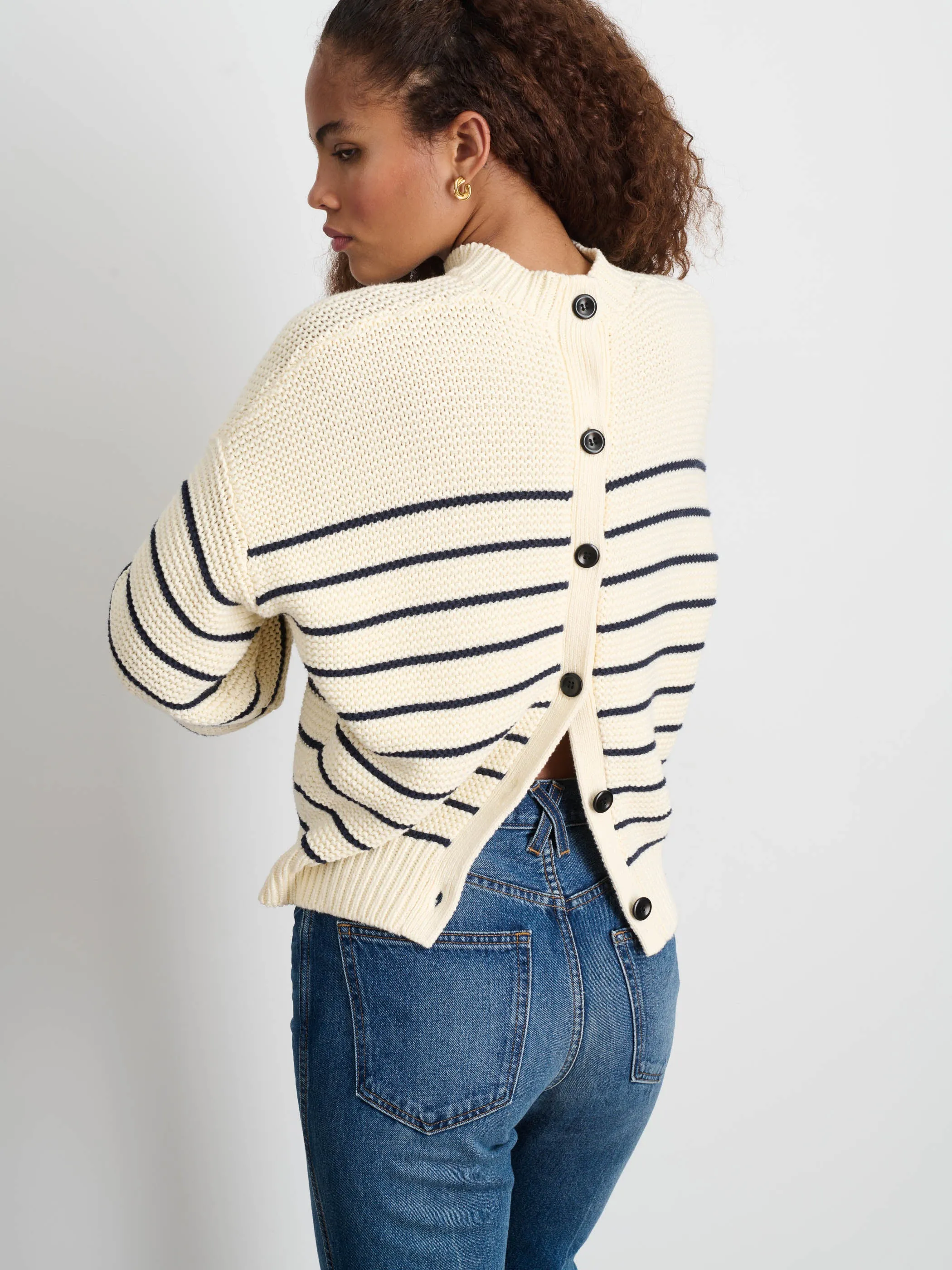 Button-Back Crewneck Sweater in Stripe sold by Alex Mill product image thumbnail 3