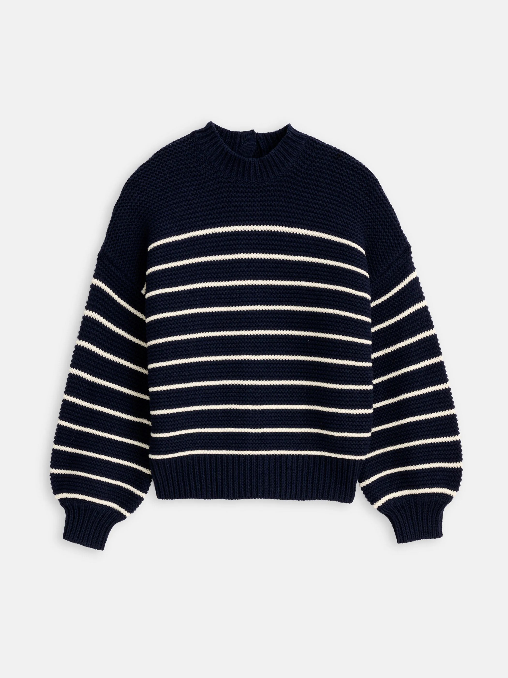 Button-Back Crewneck Sweater in Stripe sold by Alex Mill