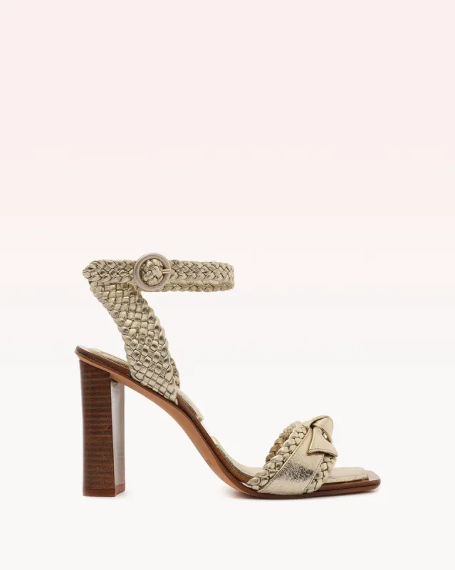 Clarita Woven Block 90 Metallic Soft Leather Sandal sold by Alexandre Birman