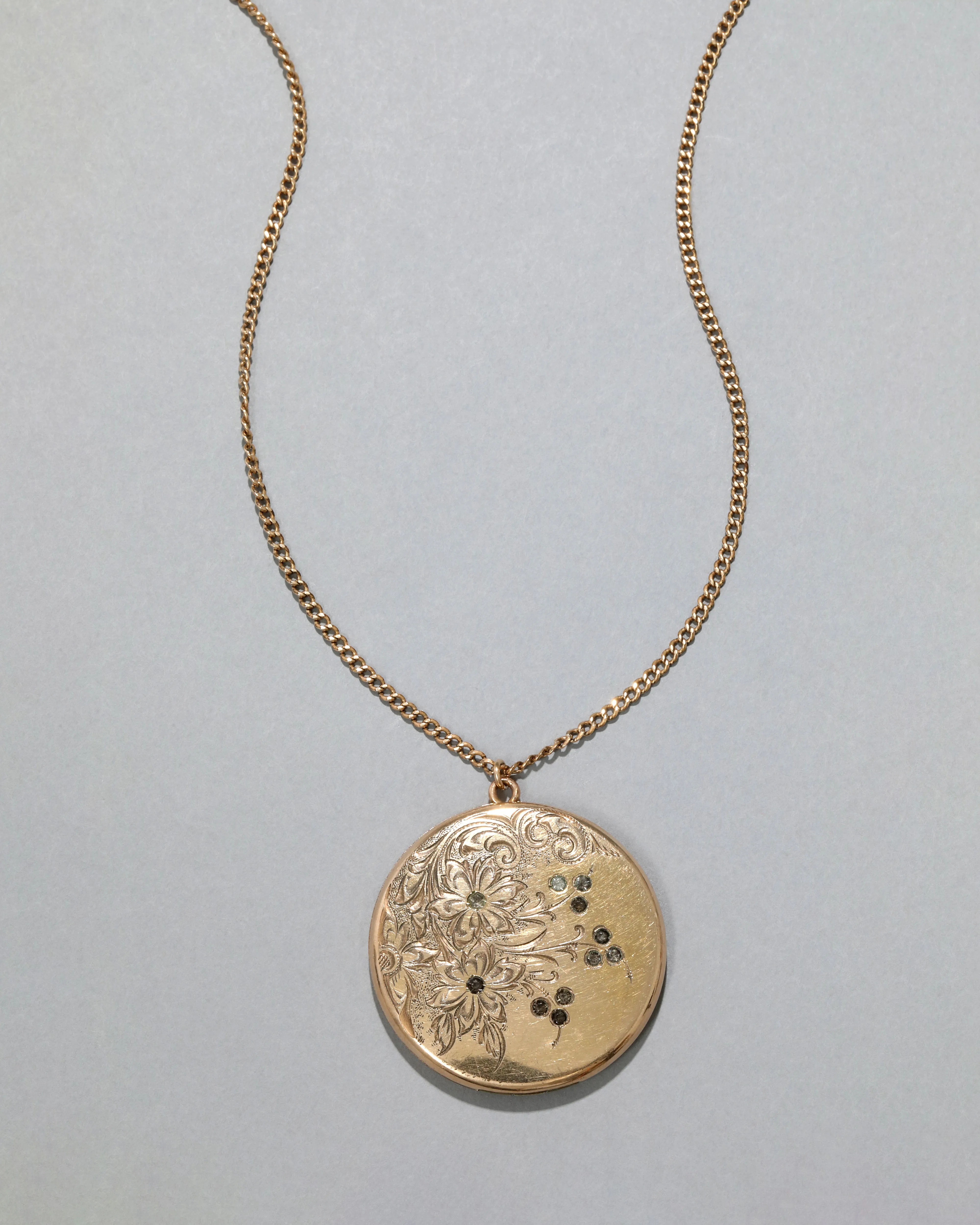Antique 1890s 14k Gold Filled Art Nouveau Floral Pattern Locket Necklace sold by Alexis Bittar