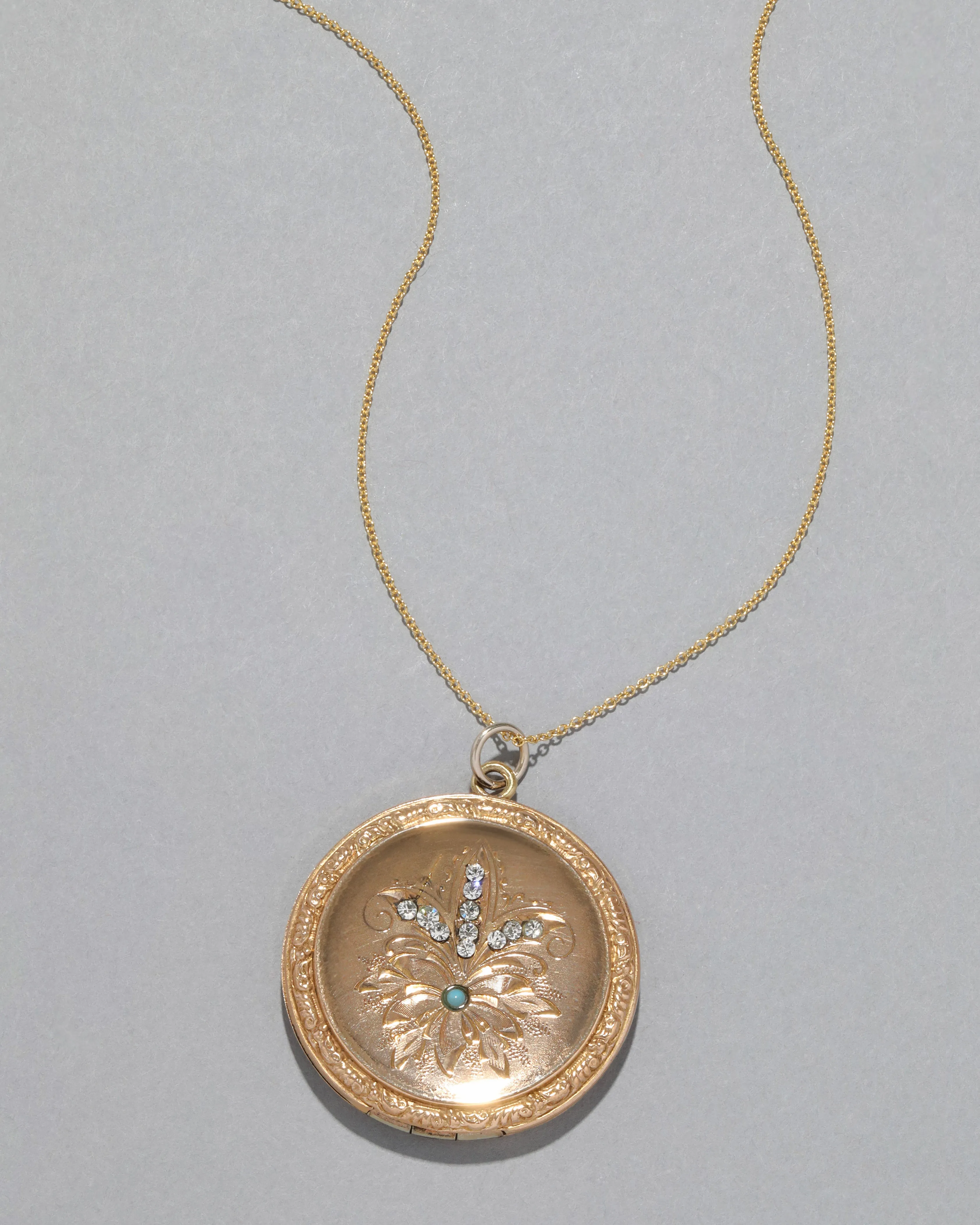 Antique Victorian 1890s 14k Gold Filled Floral Etched Locket Necklace sold by Alexis Bittar
