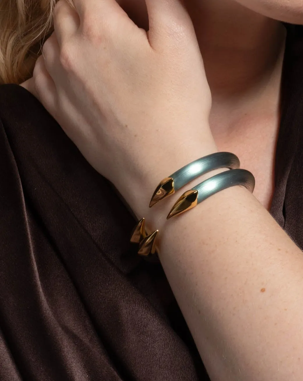 Mirrored Pyramid Lucite Brake Hinge Bracelet- Teal Blue sold by Alexis Bittar