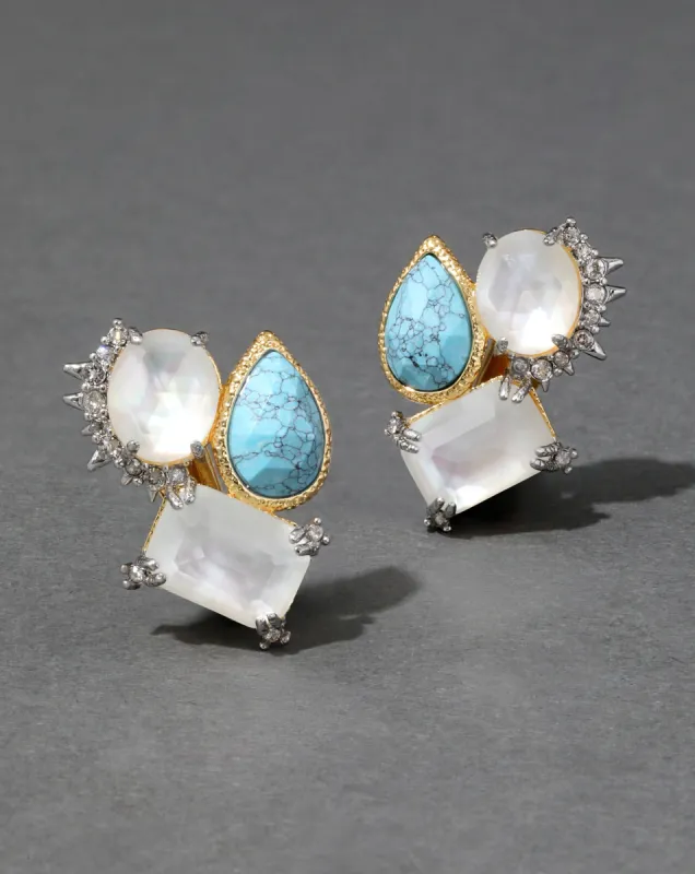 Muse D'Or White Mother of Pearl & Synthetic Turquoise Cluster Clip Earring made by Alexis Bittar
