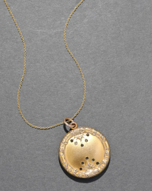 Antique 1890s 14k Gold Filled Art Nouveau Crystal Detail Locket Necklace sold by Alexis Bittar