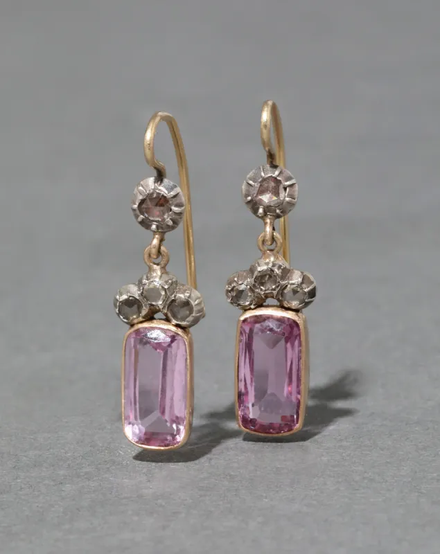 Antique Georgian Pink Topaz and Diamond Earrings in 14k Gold and Sterling Silver sold by Alexis Bittar
