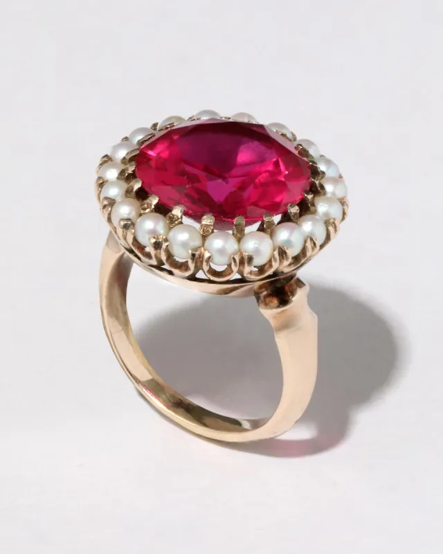 Antique 1800s 12k Gold Georgian Ruby & Pearl Halo Ring sold by Alexis Bittar