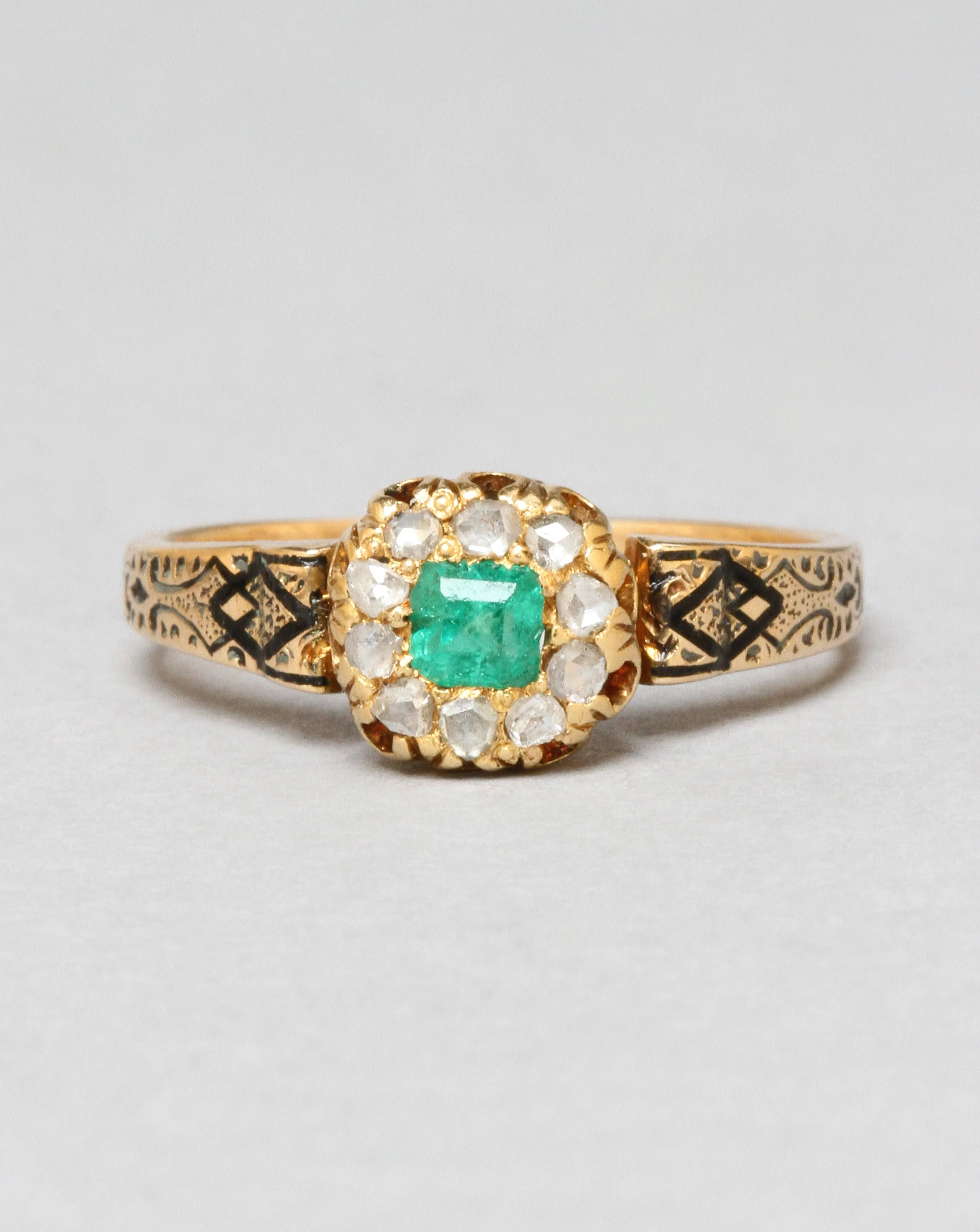 Antique Victorian Emerald and Diamond Ring in 14k Gold with Tracery Enamel sold by Alexis Bittar product image thumbnail 2