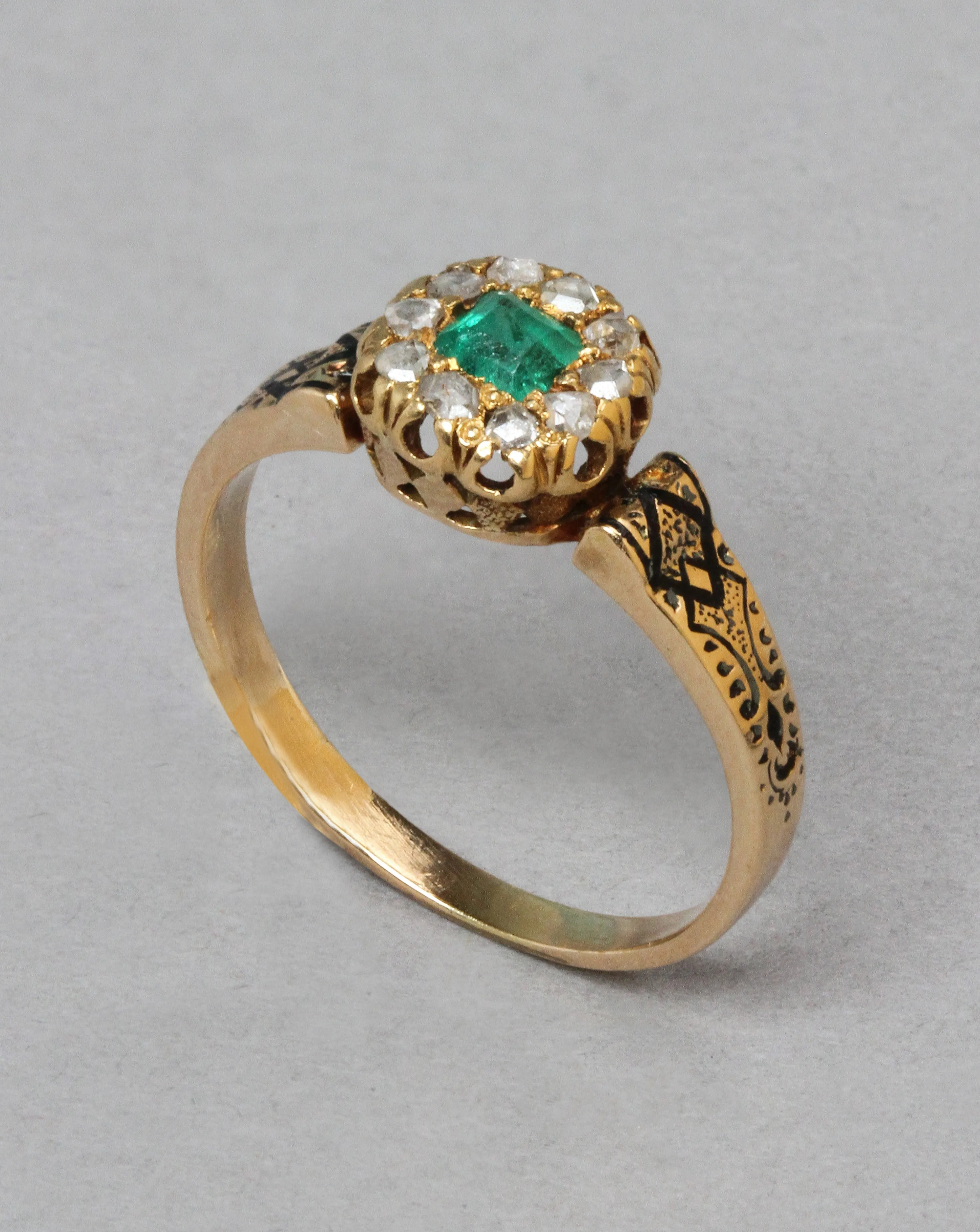 Antique Victorian Emerald and Diamond Ring in 14k Gold with Tracery Enamel sold by Alexis Bittar