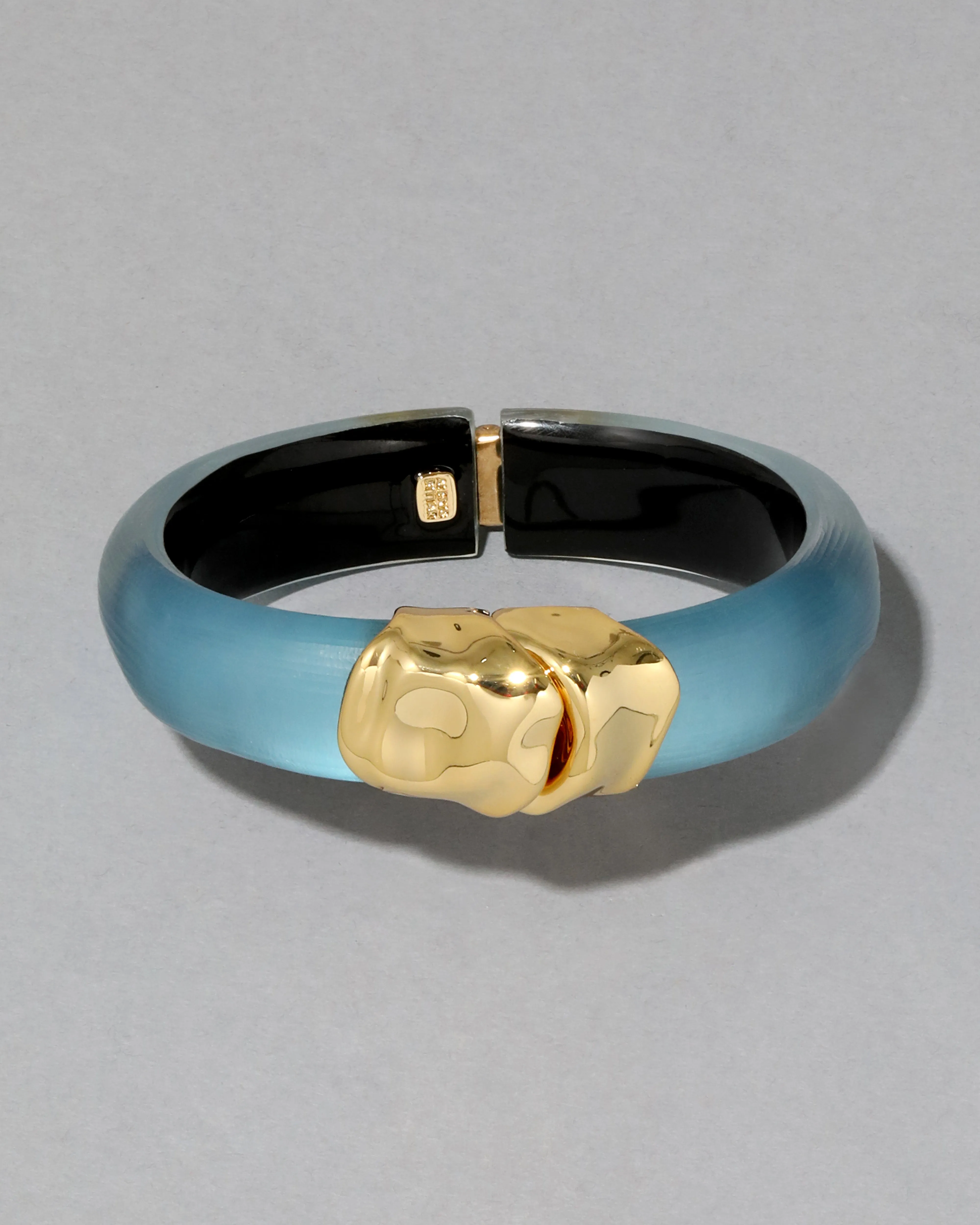 Molten Gold Lucite Hinge Bracelet- Bermuda Blue sold by Alexis Bittar