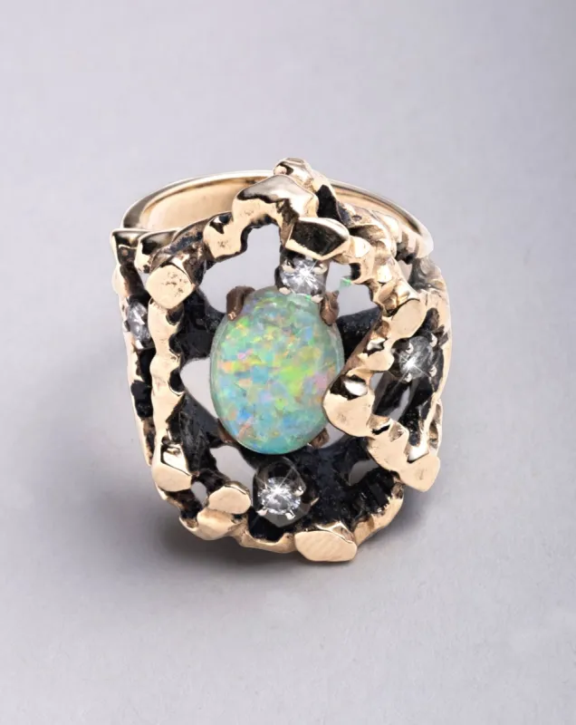 Vintage 1970s 14k Gold Brutalist Opal and Diamond Ring sold by Alexis Bittar