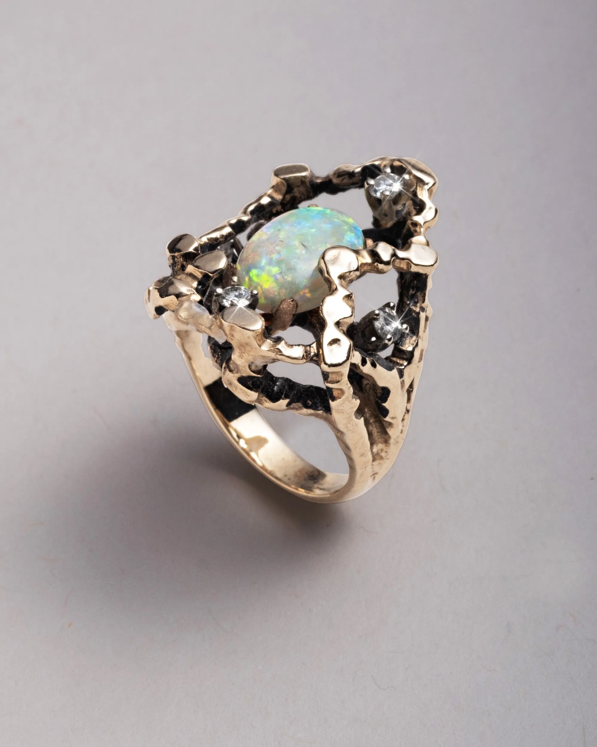 Vintage 1970s 14k Gold Brutalist Opal and Diamond Ring sold by Alexis Bittar product image thumbnail 2