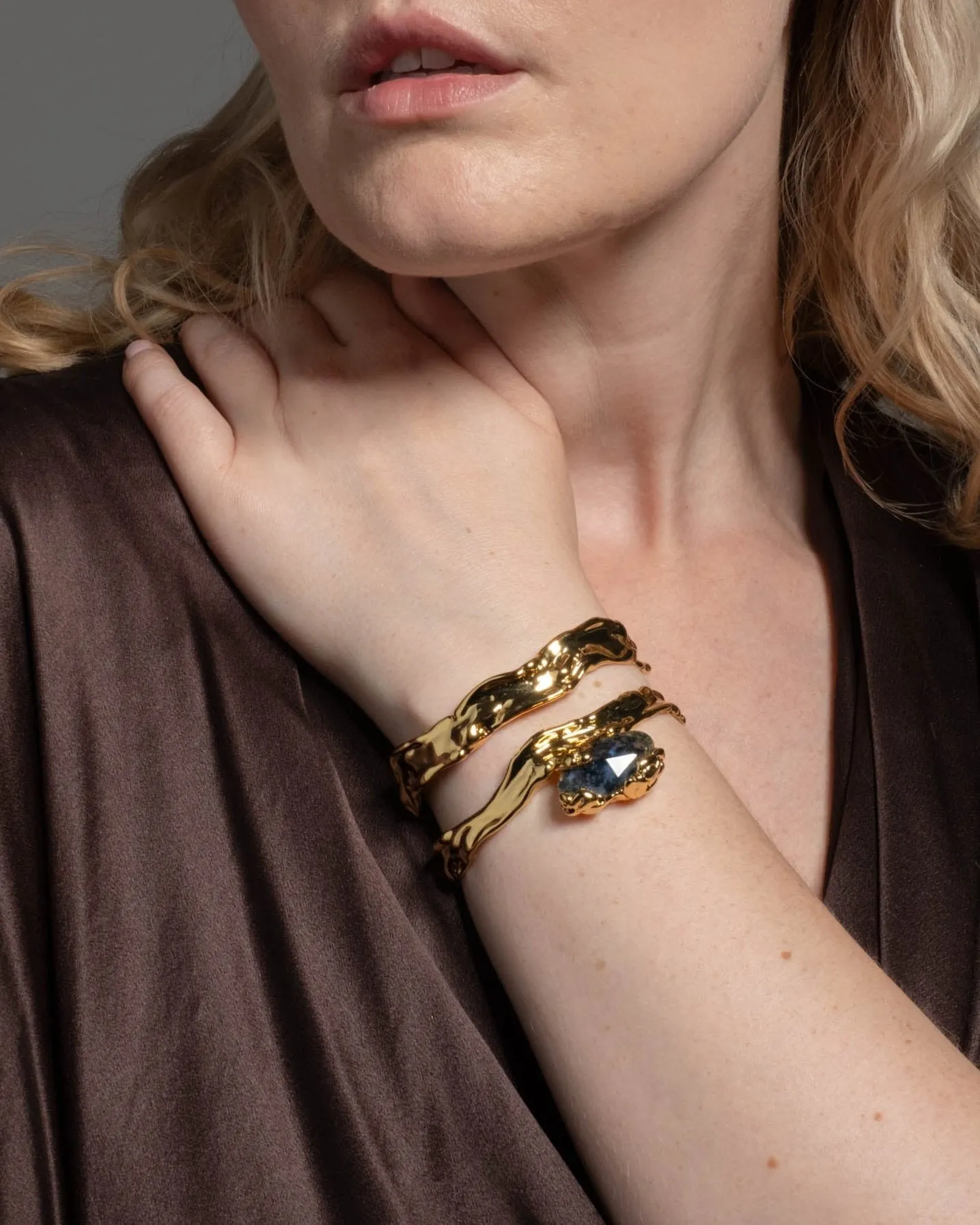 Brut Gold Blue Moss Agate Cuff Bracelet sold by Alexis Bittar product image thumbnail 2