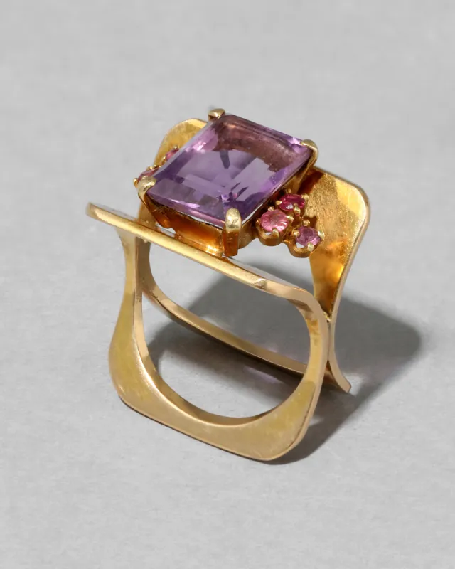 Vintage 1970s 14k Gold Modernist Ring with Amethyst & Tourmaline sold by Alexis Bittar