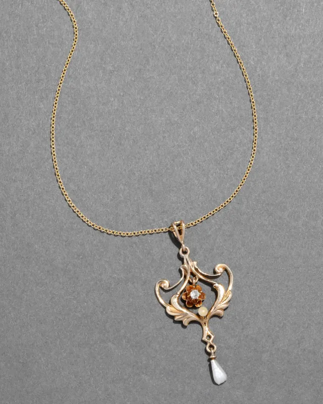 Antique Victorian 1800s 10k Gold Pendant Necklace with Diamond & Natural Keshi Pearl sold by Alexis Bittar