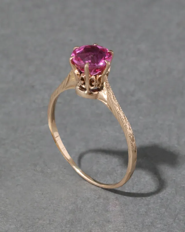 Vintage 1930s 10k Gold & Pink Sapphire Hand Etched Princess Ring made by Alexis Bittar