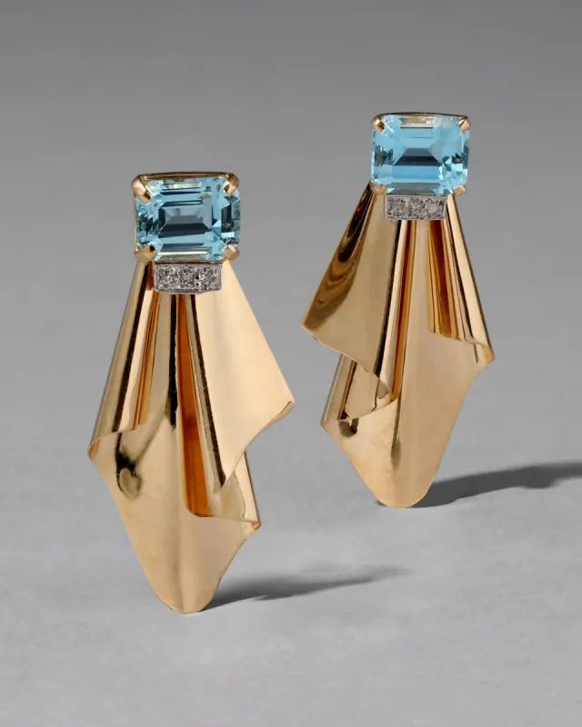 Vintage 1940s 14k Gold & Platinum Handmade Earring with Aqua Blue Topaz & Diamonds made by Alexis Bittar