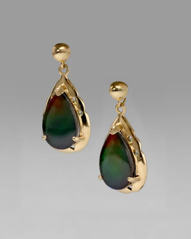 Vintage 14k Gold Pear Shaped Framed Ammolite Post Drop Earring made by Alexis Bittar