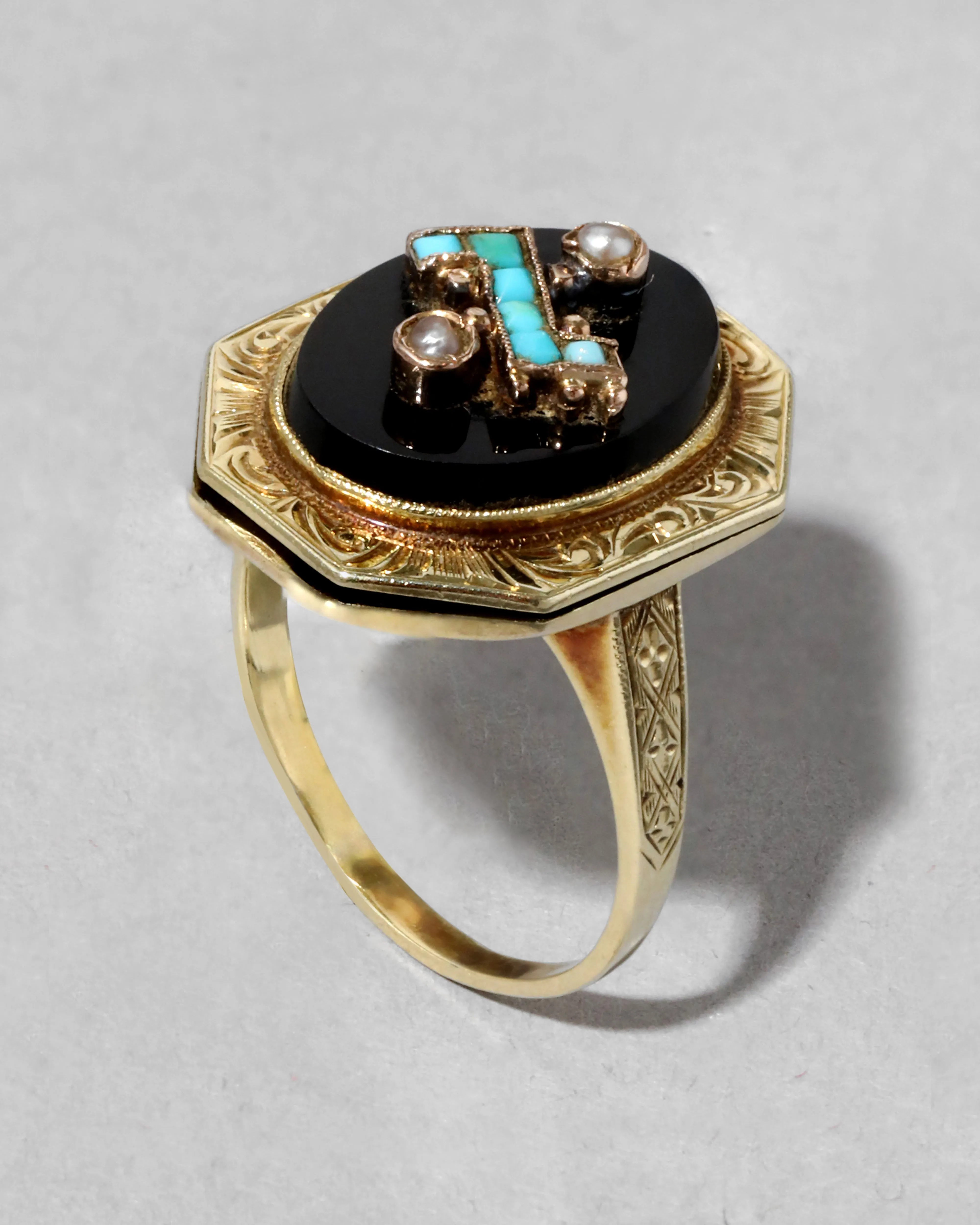 Antique 1800s 14k Gold Hand Etched Poison Locket Ring with Onyx, Natural Pearl, & Persian Turquoise sold by Alexis Bittar product image thumbnail 2
