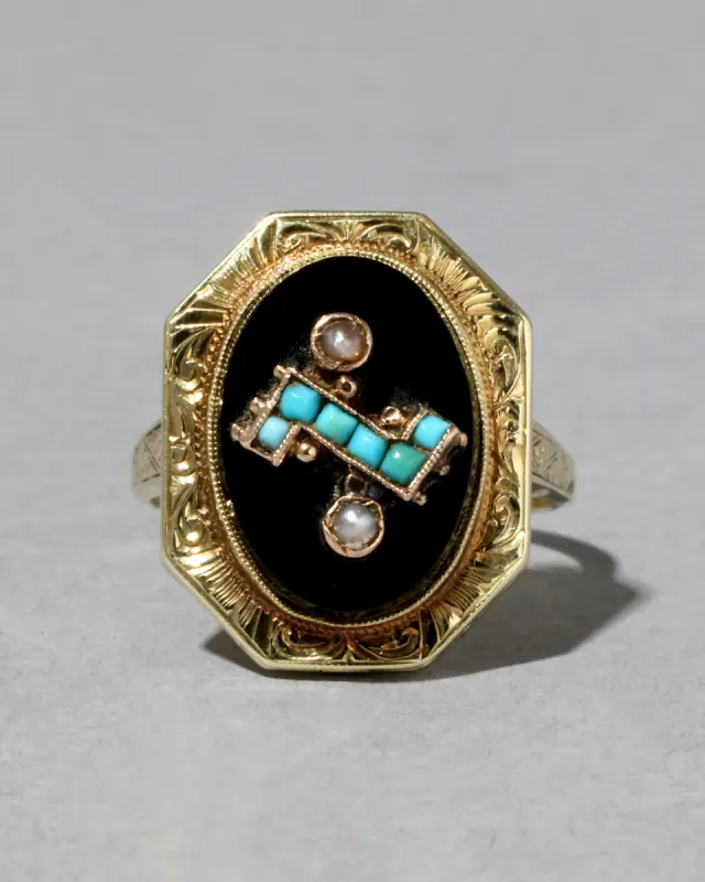 Antique 1800s 14k Gold Hand Etched Poison Locket Ring with Onyx, Natural Pearl, & Persian Turquoise sold by Alexis Bittar