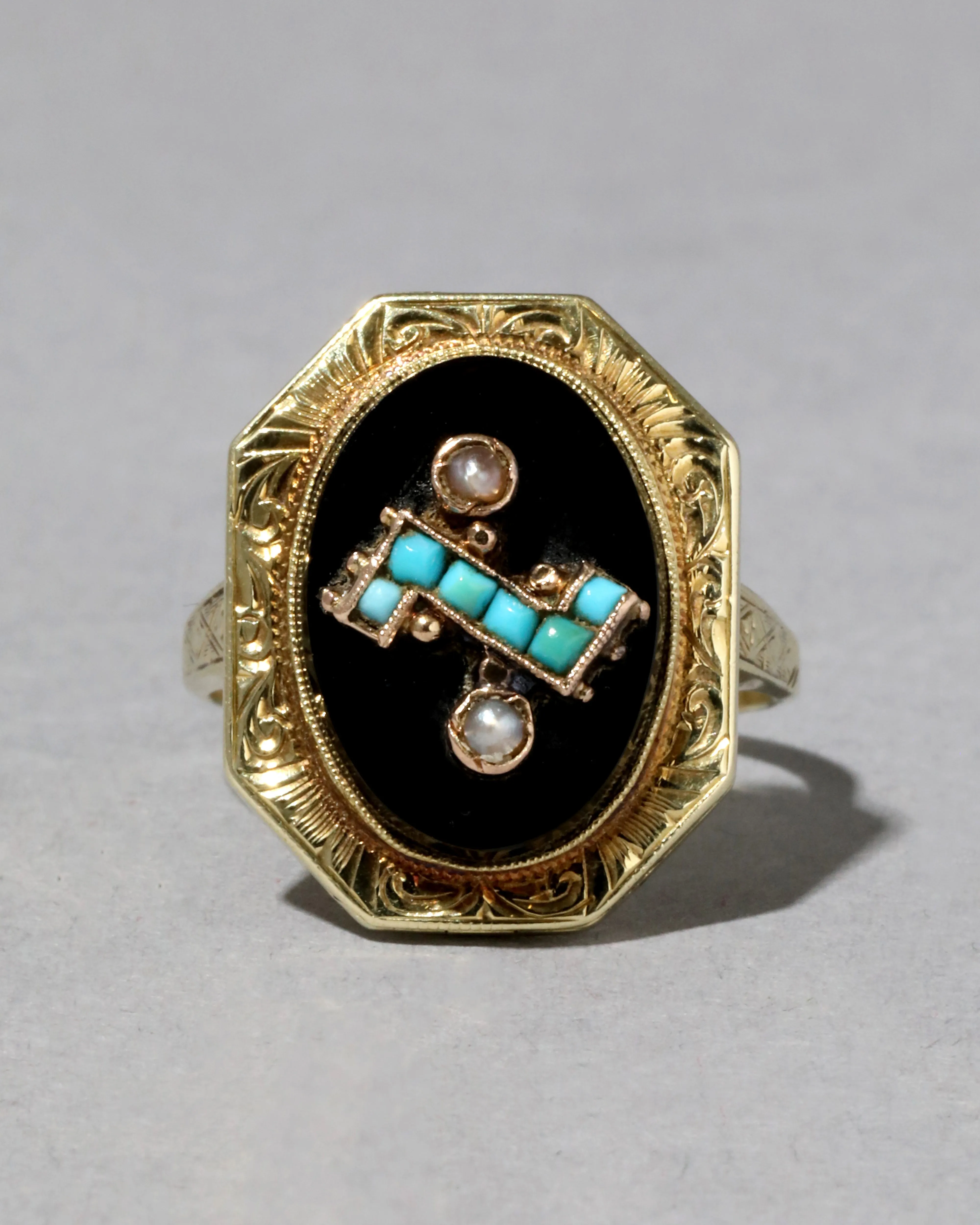 Antique 1800s 14k Gold Hand Etched Poison Locket Ring with Onyx, Natural Pearl, & Persian Turquoise sold by Alexis Bittar