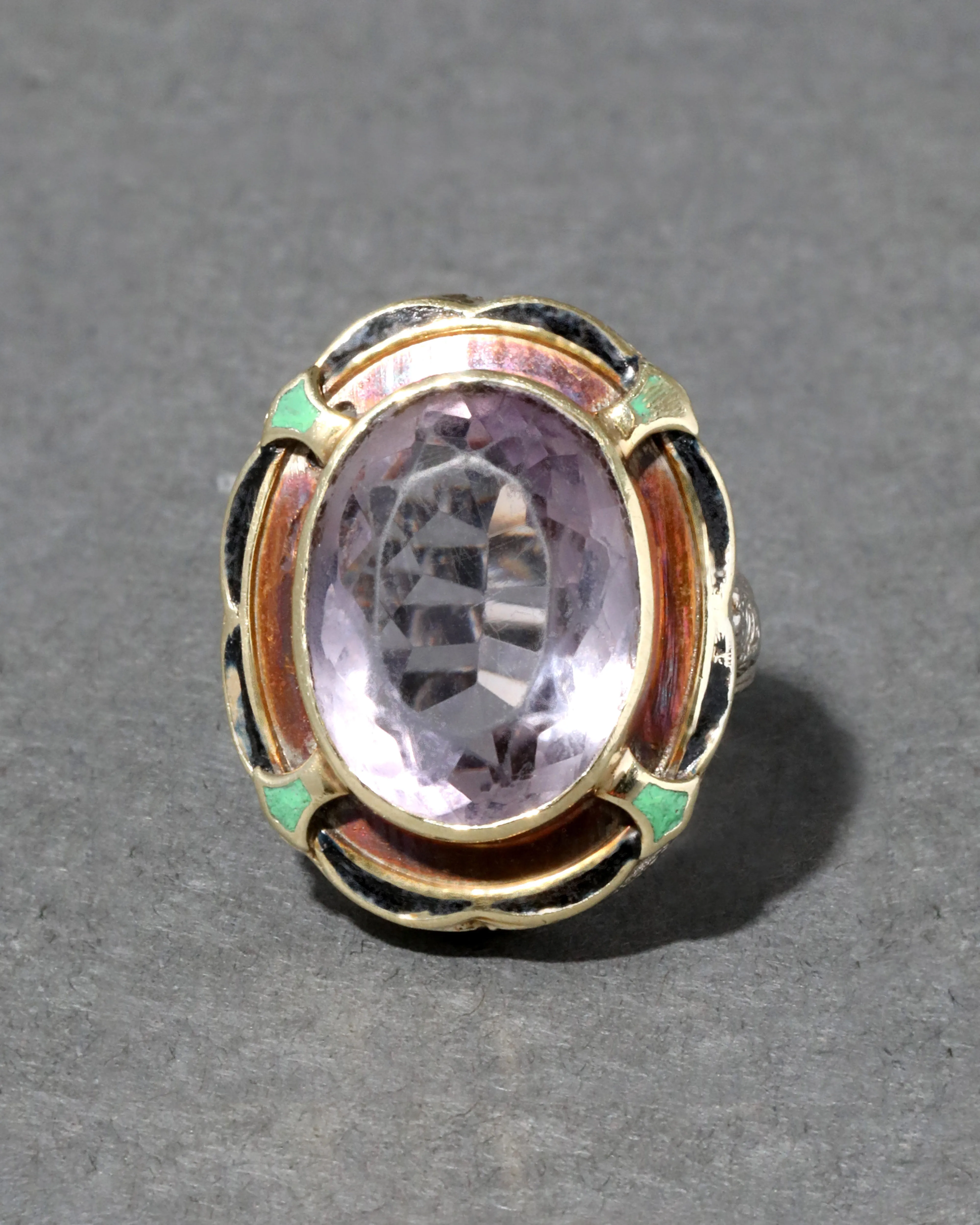 Antique 1920s 14k White & Yellow Gold Amethyst Ring with Enamel & Filigree Patterned Band sold by Alexis Bittar product image thumbnail 2
