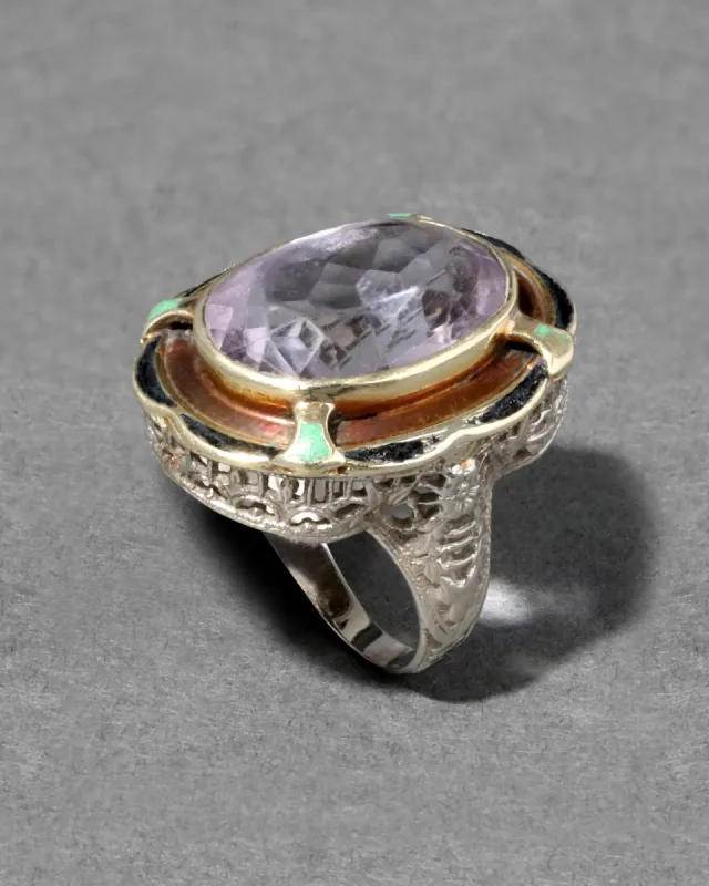 Antique 1920s 14k White & Yellow Gold Amethyst Ring with Enamel & Filigree Patterned Band sold by Alexis Bittar