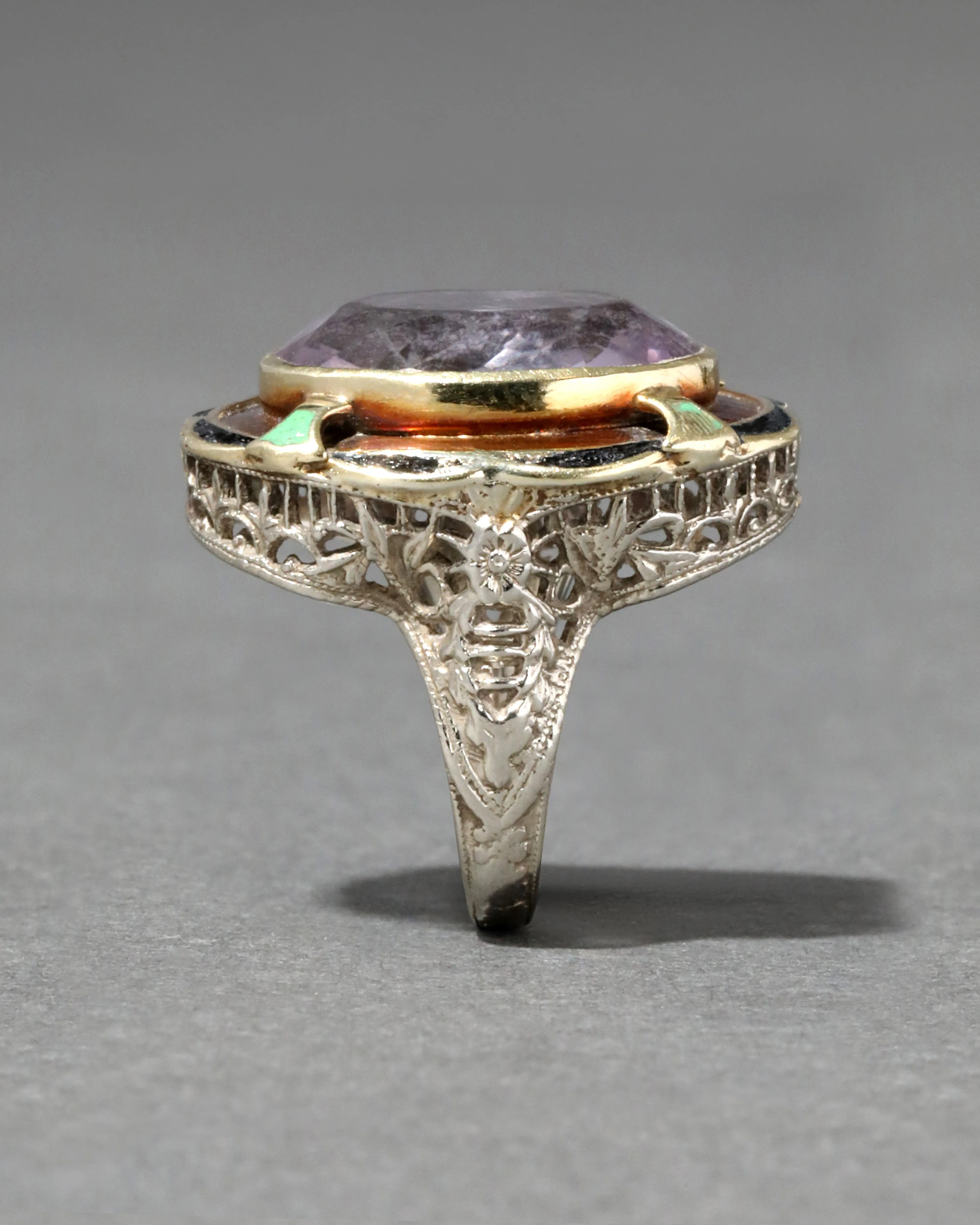 Antique 1920s 14k White & Yellow Gold Amethyst Ring with Enamel & Filigree Patterned Band sold by Alexis Bittar product image thumbnail 3