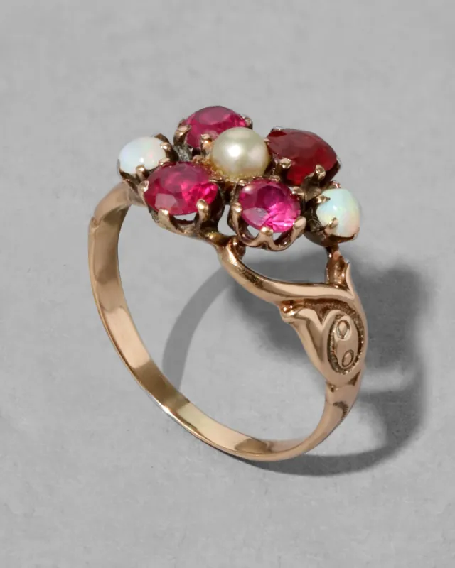 Antique Victorian 10k Gold & Pearl & Ruby & Opal Flower Motif Ring sold by Alexis Bittar