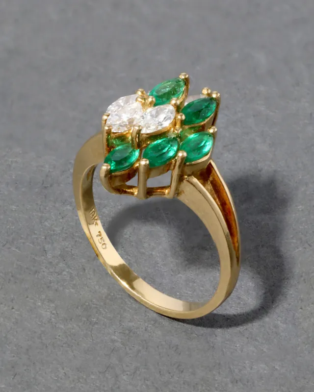 Vintage 1960s 18k Gold Staggered Emerald & Diamond Modernist Band Ring sold by Alexis Bittar