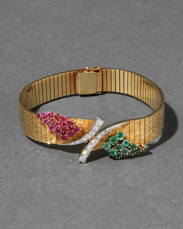 Vintage 1960s 18k Gold Etched Floral Soft Band Bracelet with Platinum, Diamond, Ruby, and Emerald made by Alexis Bittar