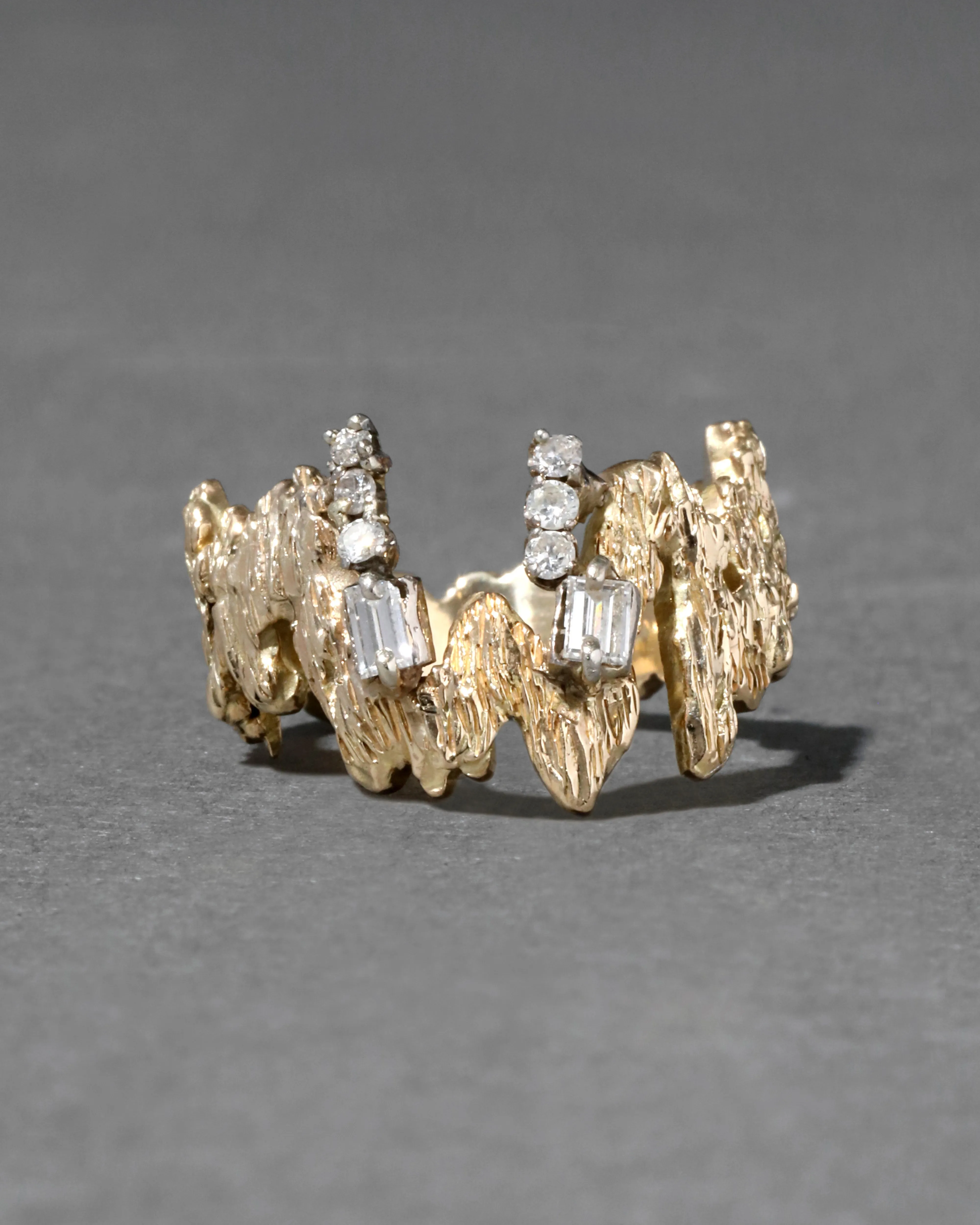 Vintage 1970s 14k Yellow & White Gold Brutalist Baguette & Round Diamond Ring sold by Alexis Bittar product image thumbnail 2