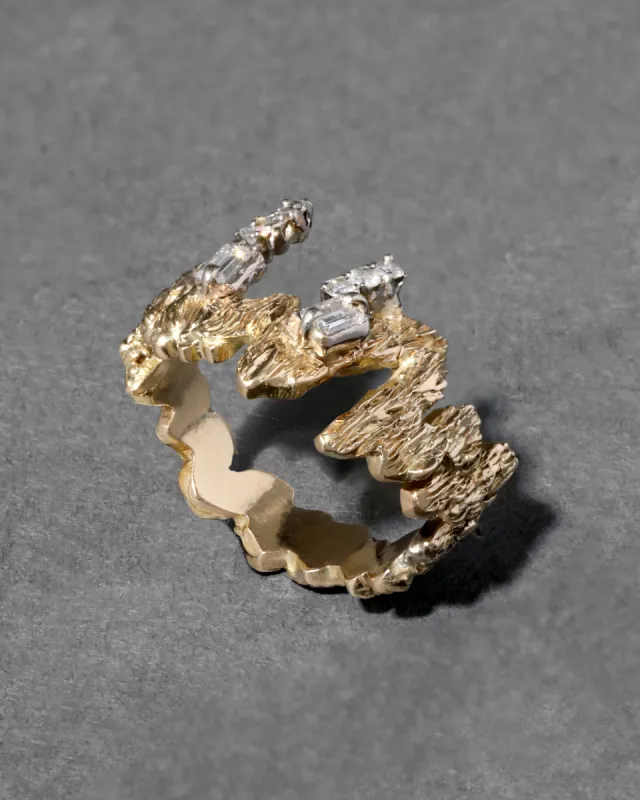 Vintage 1970s 14k Yellow & White Gold Brutalist Baguette & Round Diamond Ring sold by Alexis Bittar