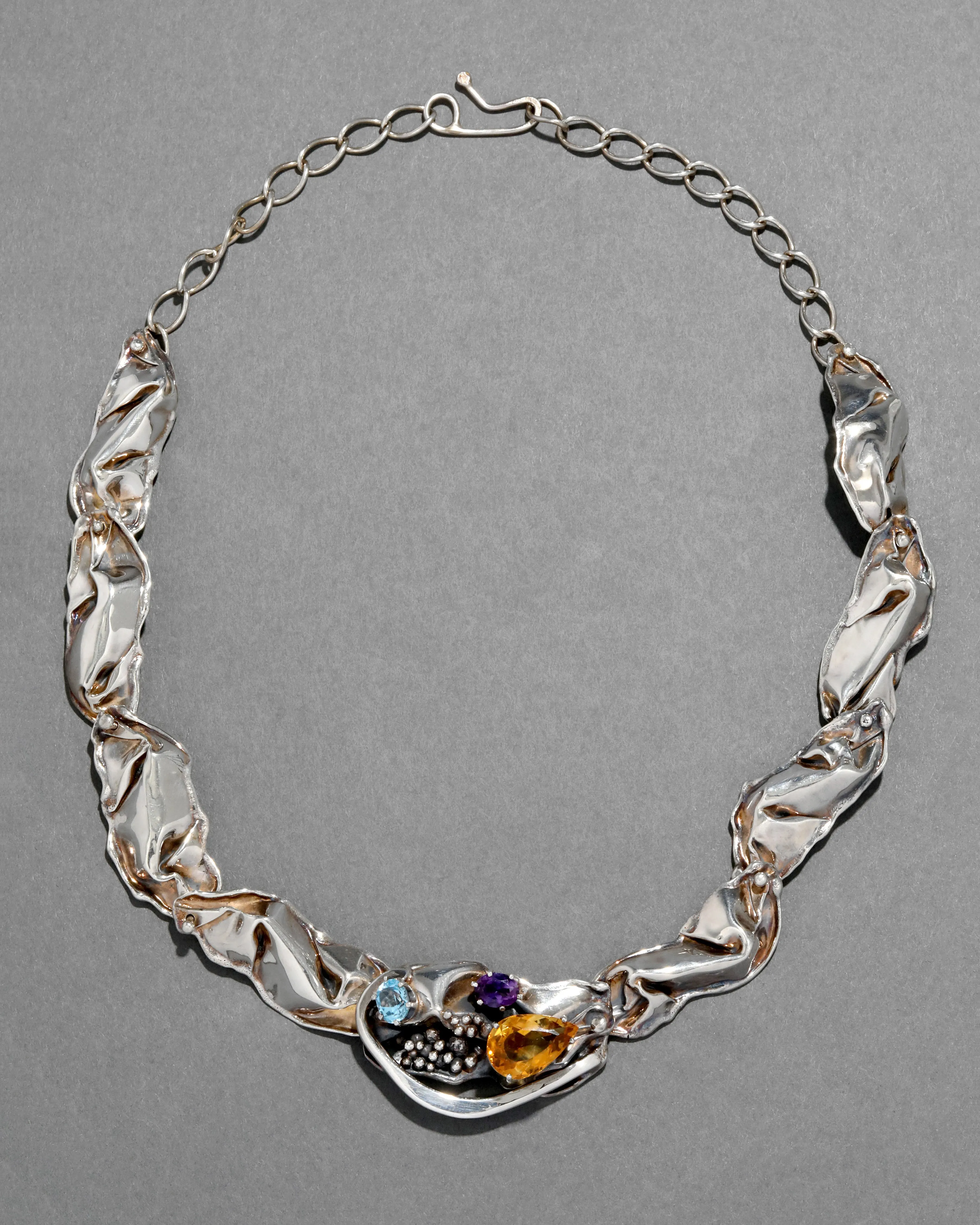 Vintage 1980s Sterling Silver Handmade Abstract Modernist Necklace with Citrine, Blue Topaz & Amethyst sold by Alexis Bittar product image thumbnail 2