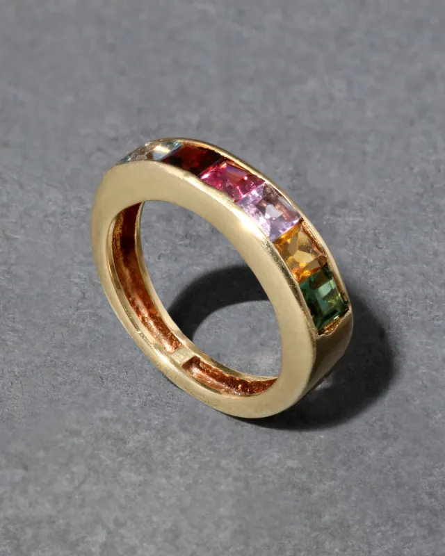 Vintage 1980s 18k Gold Rainbow Ring with Tourmaline, Amethyst, Citrine, & Blue Topaz sold by Alexis Bittar